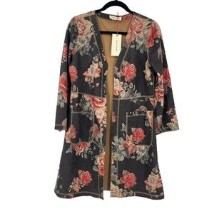 Anthropologie Solitaire Floral Faux Suede Open Front Coat Duster Womens S